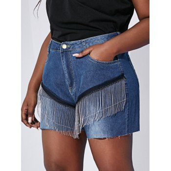 

Metallic Chains Mesh Panel Raw Hem Plus Size Denim Shorts, Blue