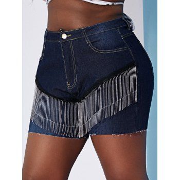 

Metallic Chains Mesh Panel Raw Hem Plus Size Denim Shorts, Deep blue