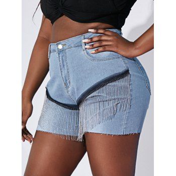 

Metallic Chains Mesh Panel Raw Hem Plus Size Denim Shorts, Light blue