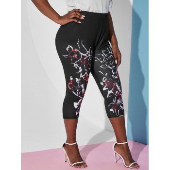 

Plus Size Floral Print Capri Leggings, Black