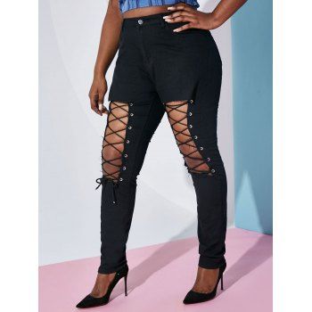 

Lace Up Front Plus Size Solid Skinny Pants, Black