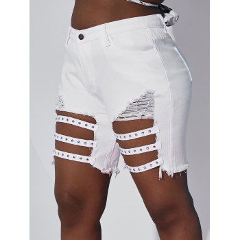 

Distressed Shredded Studded Plus Size Denim Shorts, White