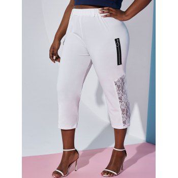 

Plus Size O Ring Zip Lace Panel Crop Leggings, White