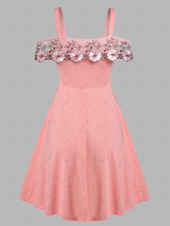 Robe Evasée Fleurie en Dentelle Insérée à Lacets - Rose clair M