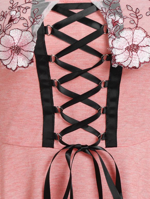 Robe Evasée Fleurie en Dentelle Insérée à Lacets - Rose clair M