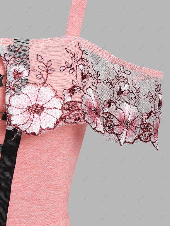 Robe Evasée Fleurie en Dentelle Insérée à Lacets - Rose clair M