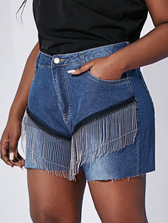 Short Chaîne Métallique Panneau en Maille à Ourlet Brut de Grande Taille en Denim - Bleu 4XL