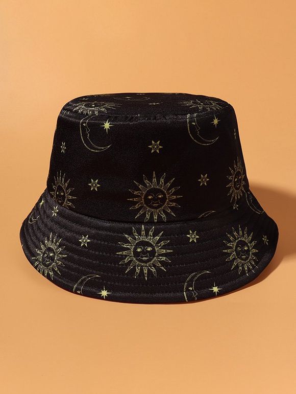 Chapeau Seau à Imprimé Lune Etoile et Soleil - Noir 
