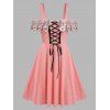 Front Lace Up Floral Lace Insert Flare Dress - LIGHT PINK XXXL