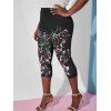 Plus Size Floral Print Capri Leggings - BLACK L