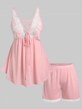 Plus Size Lace Sheer Lace-up Pajama Shorts Set