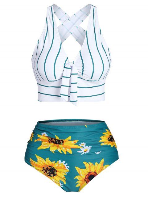 Tummy Control Bikini Swimsuit Sunflower Striped Print Bathing Suit Knotted Cross Ruched Contrast Bathing Suit