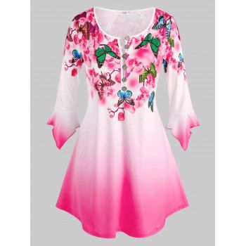 

Plus Size Butterfly Floral Print Bell Sleeve Ombre Color Tee, Light pink