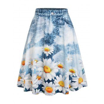 

Plus Size Sunflower Print Midi Skirt, Deep blue