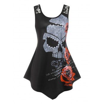 

Plus Size Skull Floral Print Lace Panel Irregular Tank Top, Black