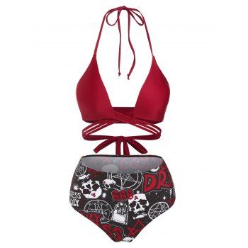 

Gothic Midriff Flossing Skull Letters Graphic Swimwear Halter Wrap Bikini Swimsuit, Deep red