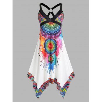 

Plus Size Plunge Bohemian Print Handkerchief Dress, White