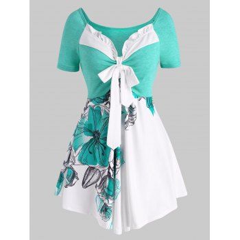 

Flower Print Ruffle Bowknot Asymmetric T Shirt, Green