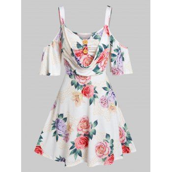 

Flower Print Cold Shoulder 2 In 1 Dress, White