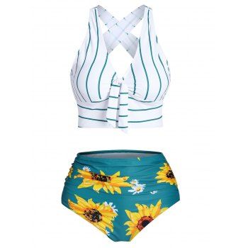 

Tummy Control Bikini Swimsuit Sunflower Striped Print Bathing Suit Knotted Cross Ruched Contrast Bathing Suit, Green