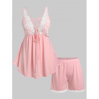 

Plus Size Lace Sheer Lace-up Pajama Shorts Set, Light pink