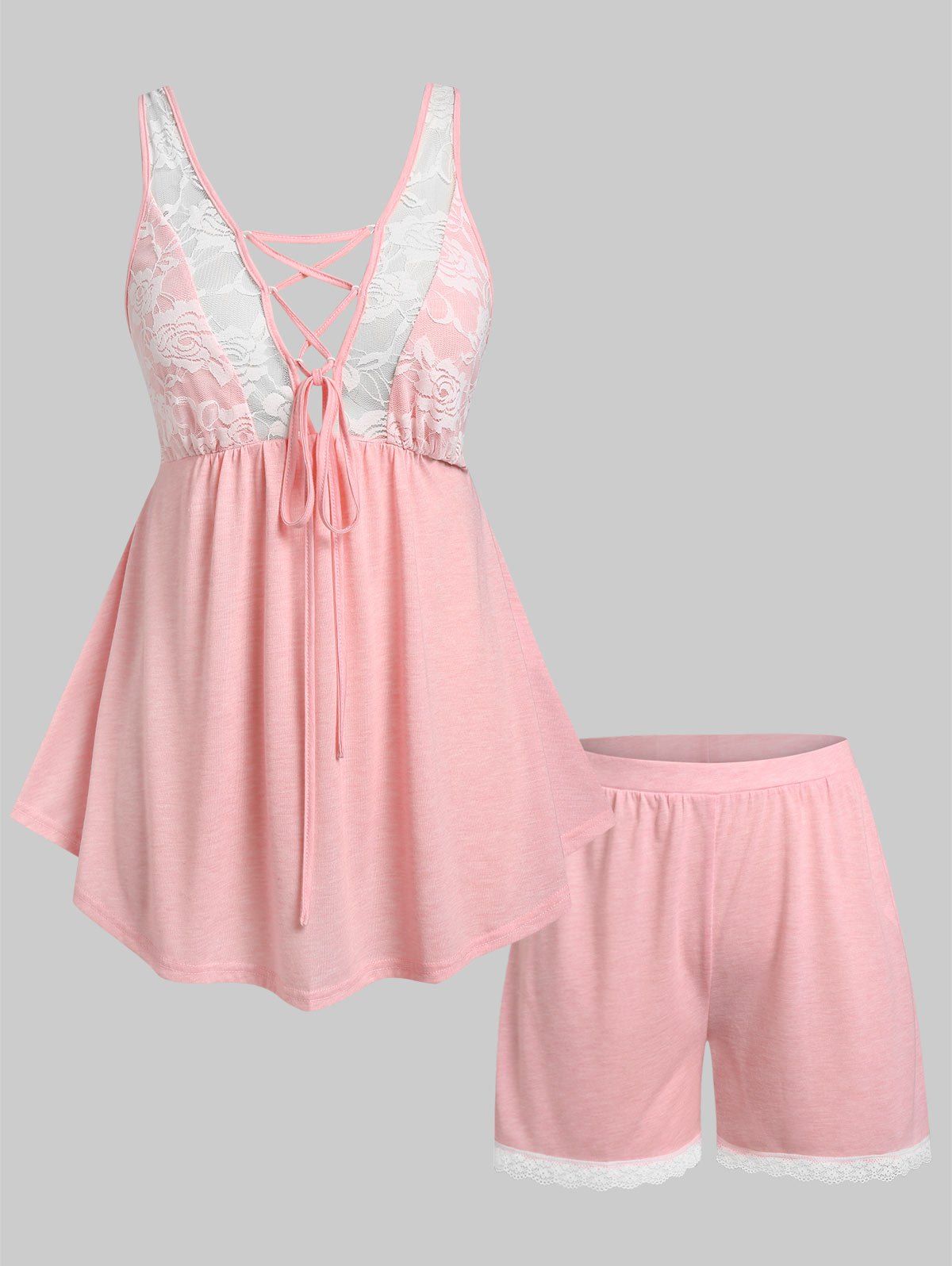 Plus Size Lace Sheer Lace-up Pajama Shorts Set - LIGHT PINK 4X