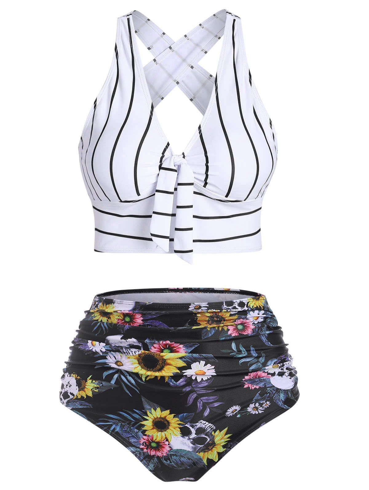 Tummy Control Bikini Swimsuit Sunflower Striped Print Bathing Suit Knotted Cross Ruched Contrast Bathing Suit - WHITE XL