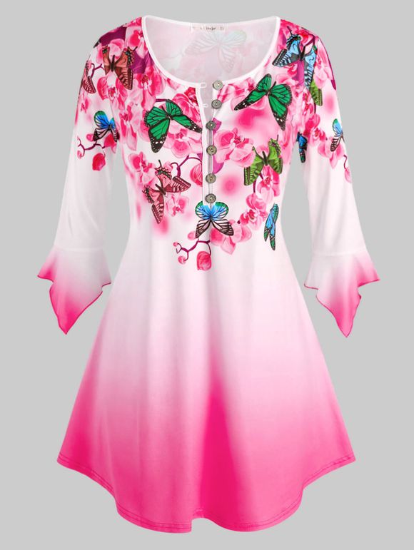 T-shirt en Couleur Ombrée Fleuri à Imprimé Papillon à Manches de Cloche de Grande Taille - Rose clair 4X
