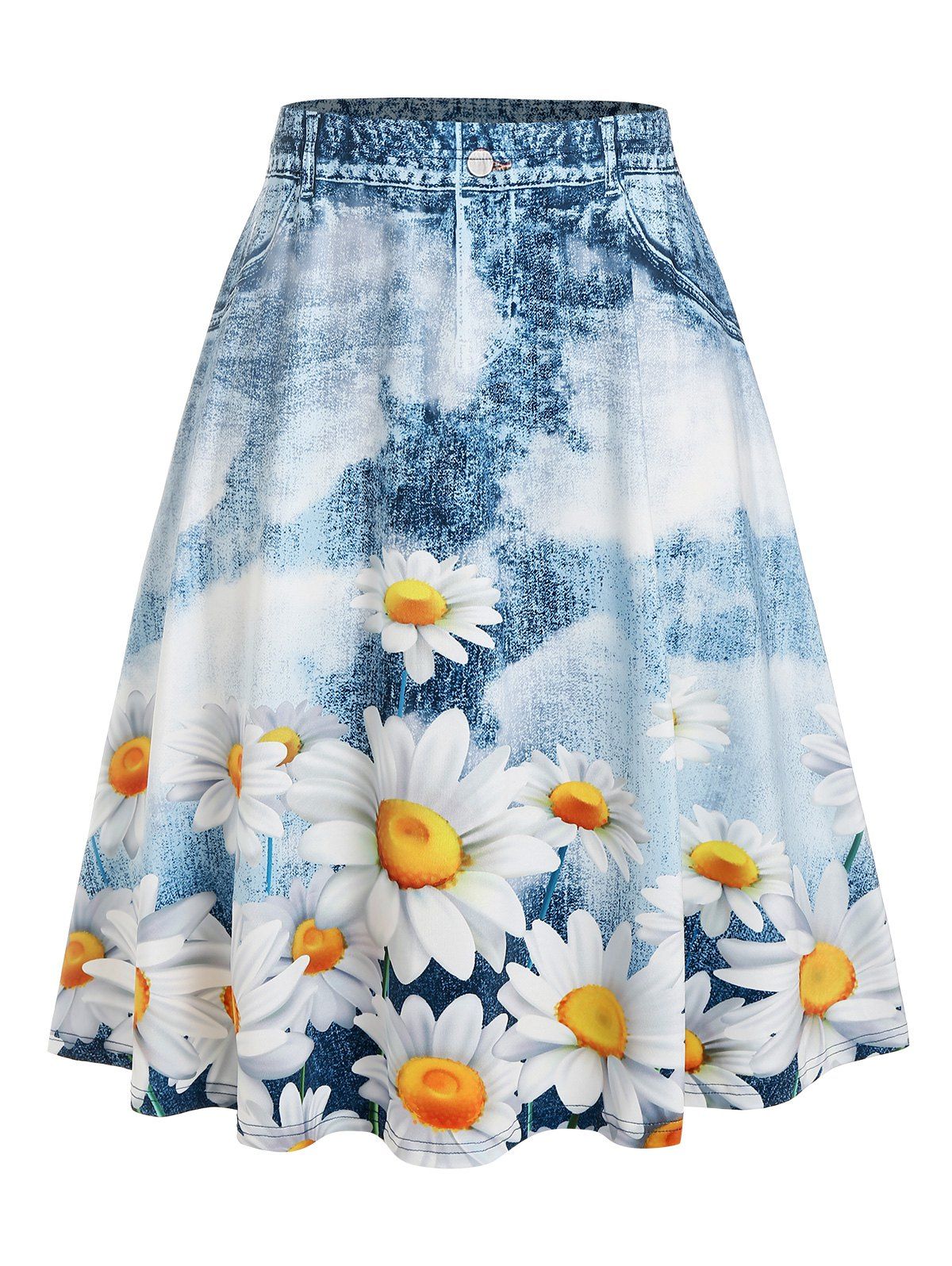 Plus Size Sunflower Print Midi Skirt - DEEP BLUE L