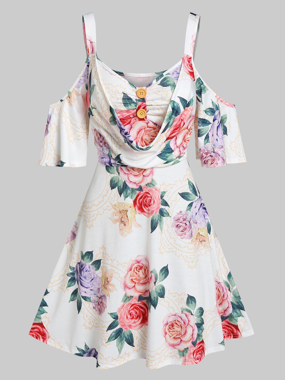 Flower Print Cold Shoulder 2 In 1 Dress - WHITE XL