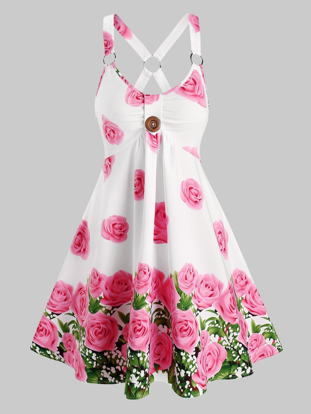 Robe d'Eté à Imprimé Rose Fleur Anneau en O sans Manches - Rose clair XL