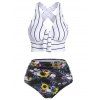 Tummy Control Bikini Swimsuit Sunflower Striped Print Bathing Suit Knotted Cross Ruched Contrast Bathing Suit - WHITE L
