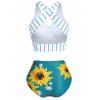 Maillot de Bain Bikini Croisé Rayé Noué Gainant à Imprimé Tournesol - Vert S