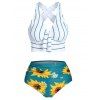 Maillot de Bain Bikini Croisé Rayé Noué Gainant à Imprimé Tournesol - Vert 2XL