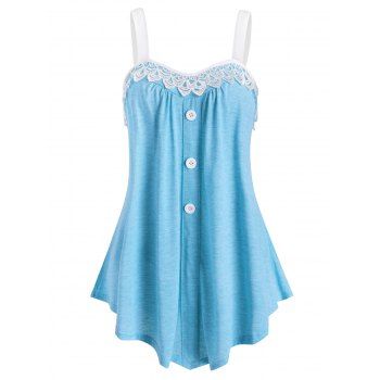 

Lace Insert Mock Button Colorblock Tank Top, Light blue