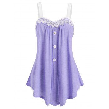 

Lace Insert Mock Button Colorblock Tank Top, Light purple