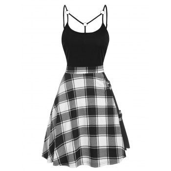 

Tartan Plaid Insert Crisscross Mini Cami Dress, White