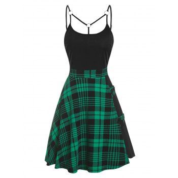 

Summer Tartan Plaid Insert O Ring Mini Cami Dress, Green