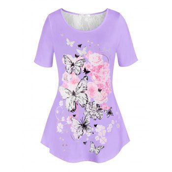 

Plus Size Floral Butterfly Print T Shirt, Light purple