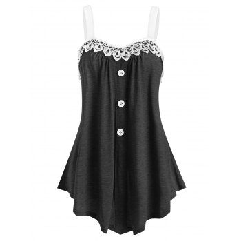 

Lace Insert Mock Button Colorblock Tank Top, Black