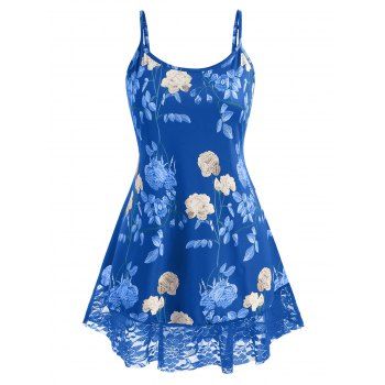 

Plus Size Flower Printed Lace Panel Tank Top, Deep blue