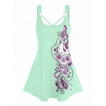 

Plus Size Paisley Skull Print O Ring Tank Top, Light green
