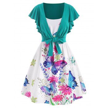

Flower Butterfly Print Cami Dress with Tie Front T Shirt, Multicolor