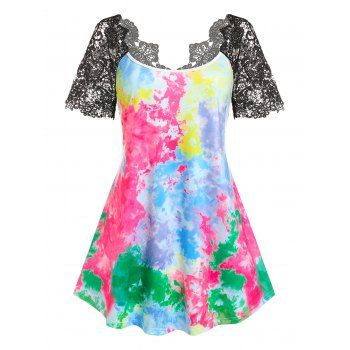 Plus Size Lace Sleeve Tie Dye Tee, Black