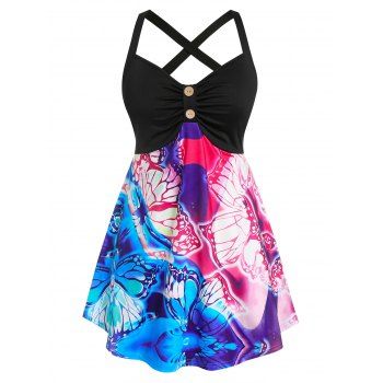 

Plus Size Butterfly Floral Print Crisscross Tank Top, Multicolor