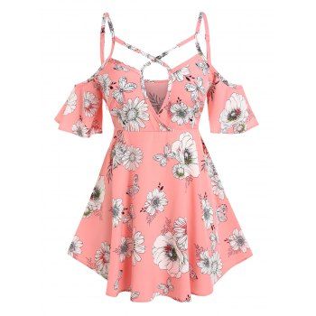 

Plus Size Cold Shoulder Keyhole Floral Print Blouse, Light pink