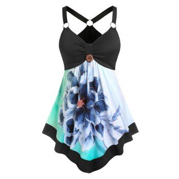 

Plus Size O Ring Floral Print Irregular Tank Top, Multicolor
