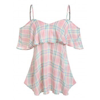 

Plaid Print Cold Shoulder Flounce Blouse, Light pink