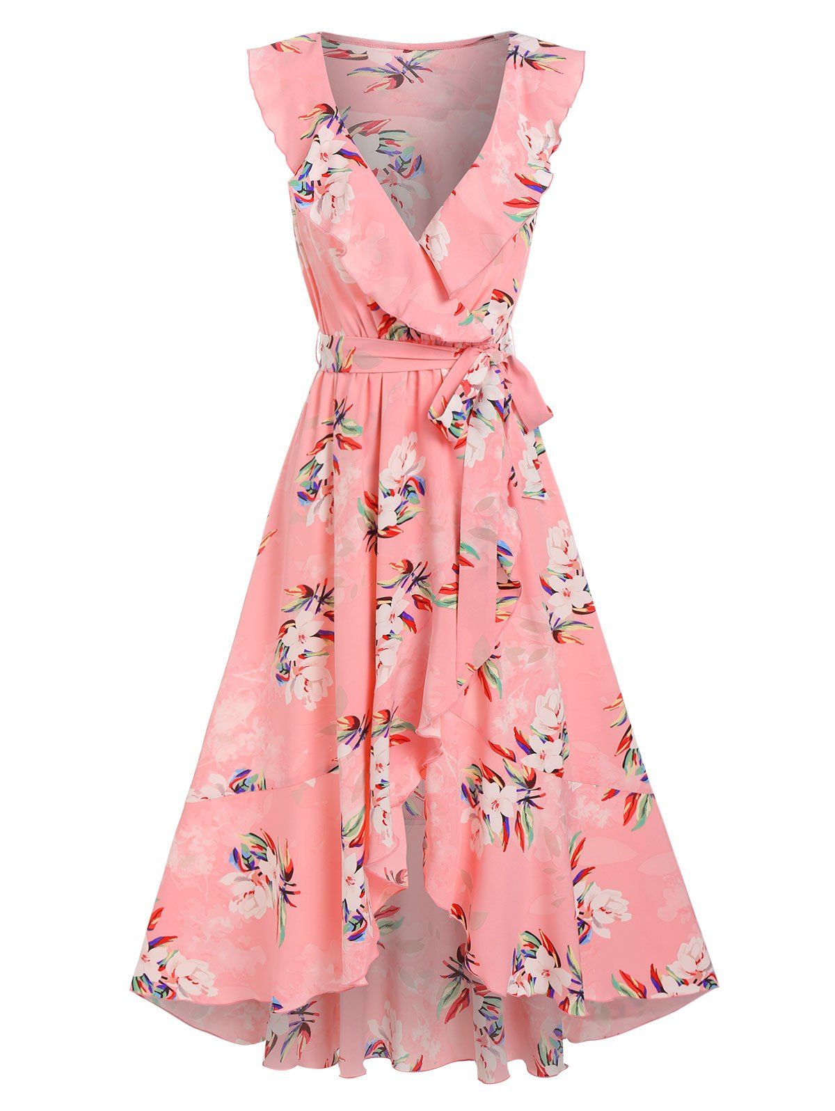 Garden Party Dress Floral Print Cottagecore Dress Surplice Plunge Midi Dress Overlap Belted Dress - LIGHT PINK M