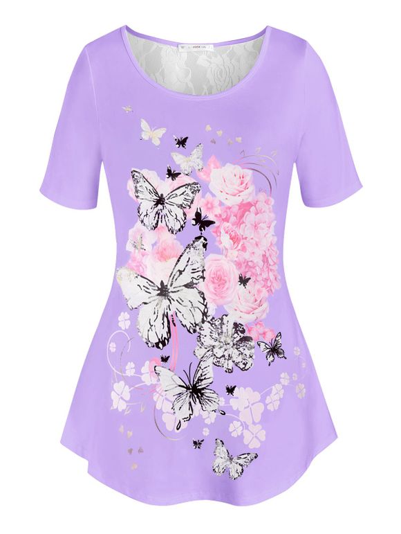 T-shirt Fleuri à Imprimé Papillon de Grande Taille - Violet clair 2X